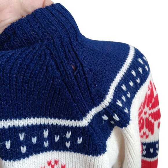 Men's Large Vintage Sweater 1970's Nordic Style Knit Snowflake Red White Blue - Picture 8 of 10